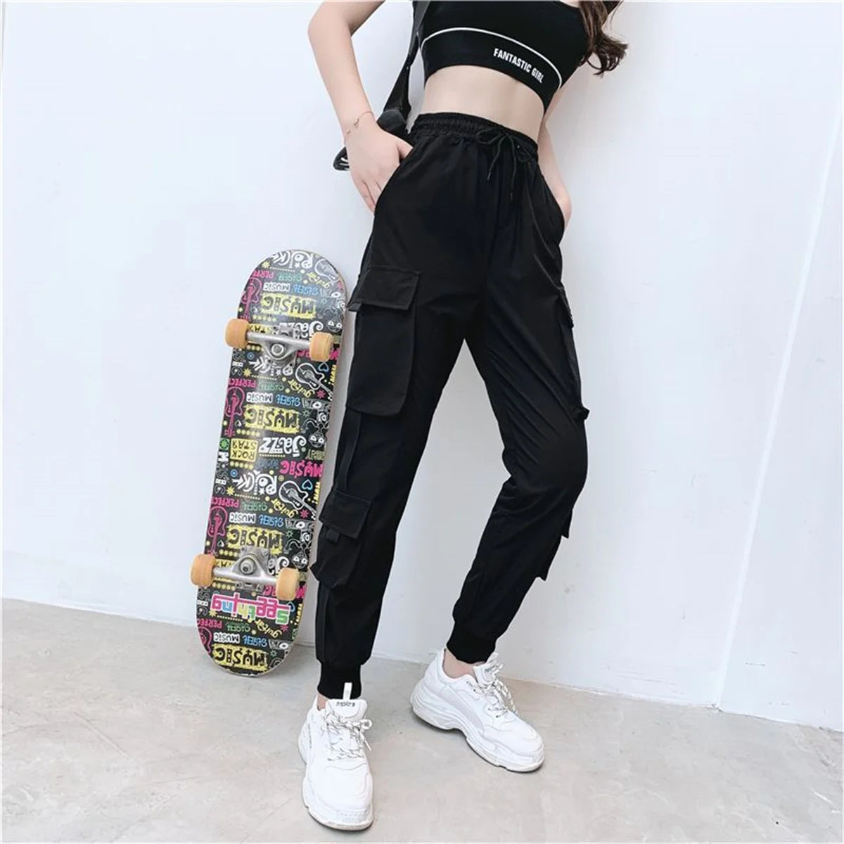 Black Cargo Pants for Women | High Waist Loose Joggers | Korean Hip Hop Streetwear Trousers