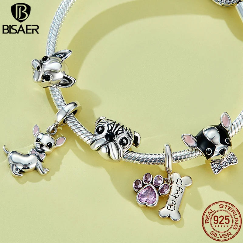 BISAER 925 Sterling Silver Dog Charm | Cute Dachshund Pet Bead Pendant for Women’s DIY Bracelet Jewelry