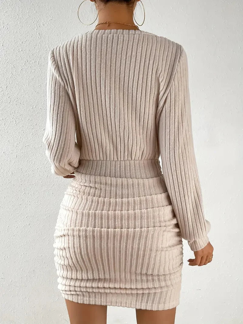 Women’s Autumn Winter Knitted Sweater Mini Dress – Casual Solid Wrap V-Neck Long Sleeve Warm Bodycon Short Dress