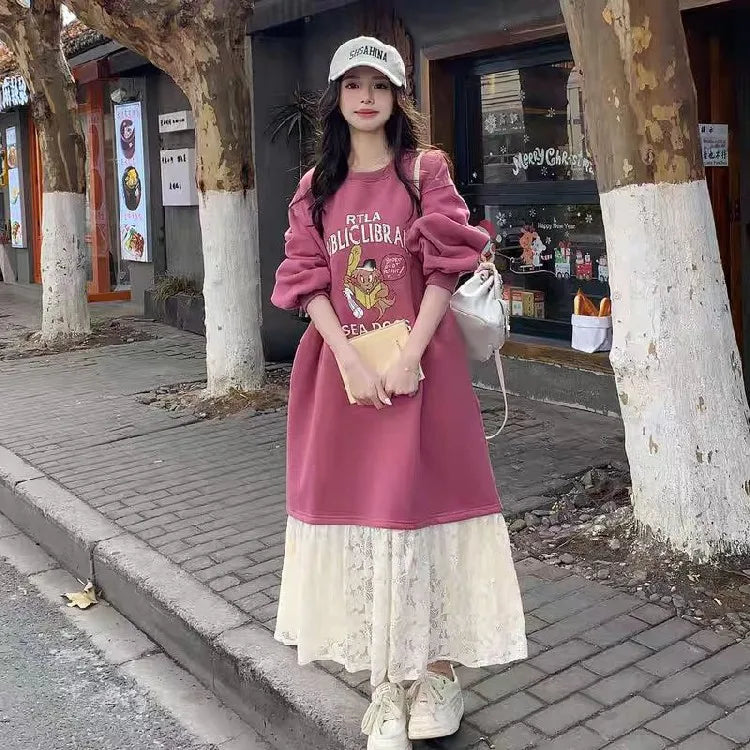 Sweet School Style Pink Lace Sweatshirt Dress – High Waist A-Line Cute Casual Women’s Fashion