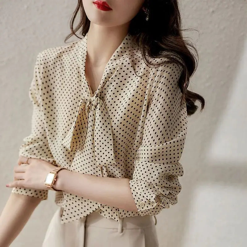 Spring Autumn Women’s Shawl Collar Long Sleeve Blouse – Bow Polka Dot Print Elegant Thin Shirt 🌸✨