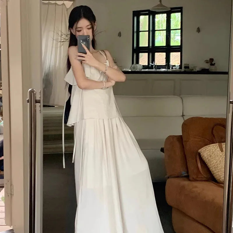 Casual Loose Women’s Two-Piece Set – White Lace Trim Strap Top & High Waist Wide-Leg Pants Summer Fashion Outfit