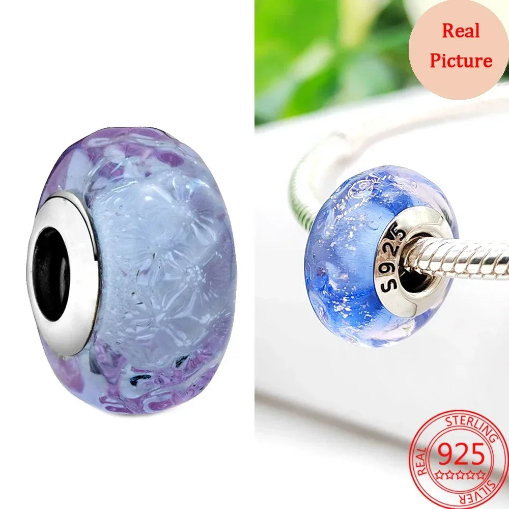 925 Sterling Silver Murano Glass Galaxy & Clover Heart Beads | Fit Pandora Bracelet DIY Jewelry Gift for Mum