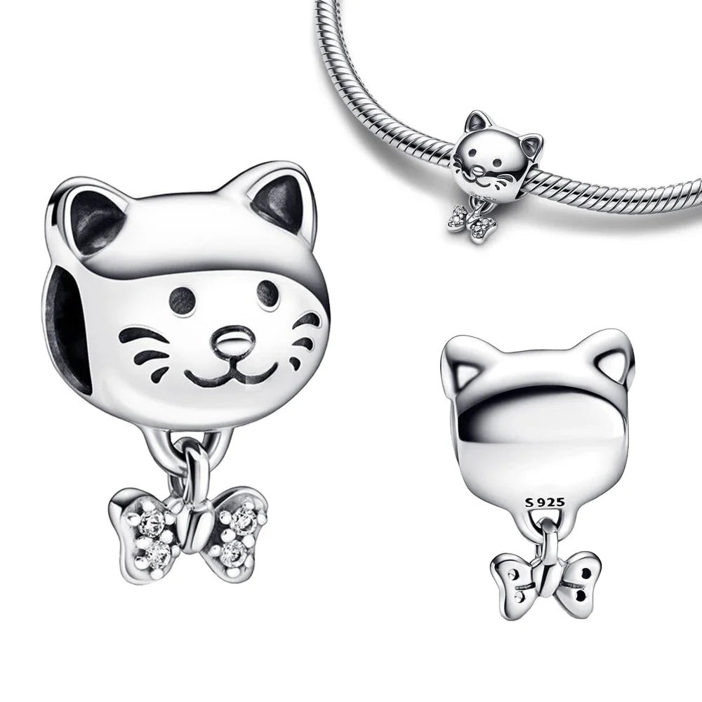 925 Sterling Silver Cute Cat Cartoon Zircon Charm Beads Fit Pandora Bracelet for Women