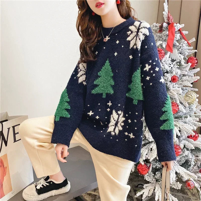 2024 Women’s Autumn/Winter Korean Color Block Sweater Hoodie | Thick Snowflake Loose Round Neck Top