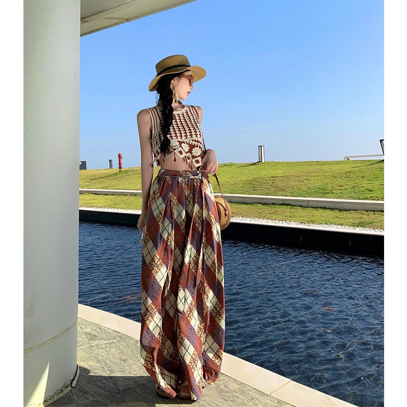 Vacation Style High Waist Wide Leg Pants – Thin Long Ethnic Print Pants for Beach & Holiday Wear