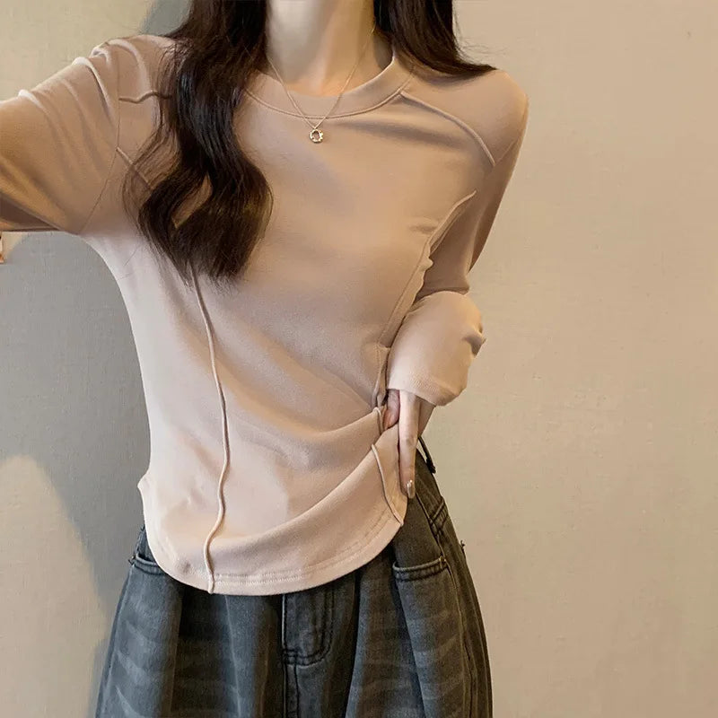 Women's Long Sleeve Velvet Base Shirt 👚 Slim Fit Round Neck T-Shirt ✨ Pure Color Winter Fashionable Top ❄️