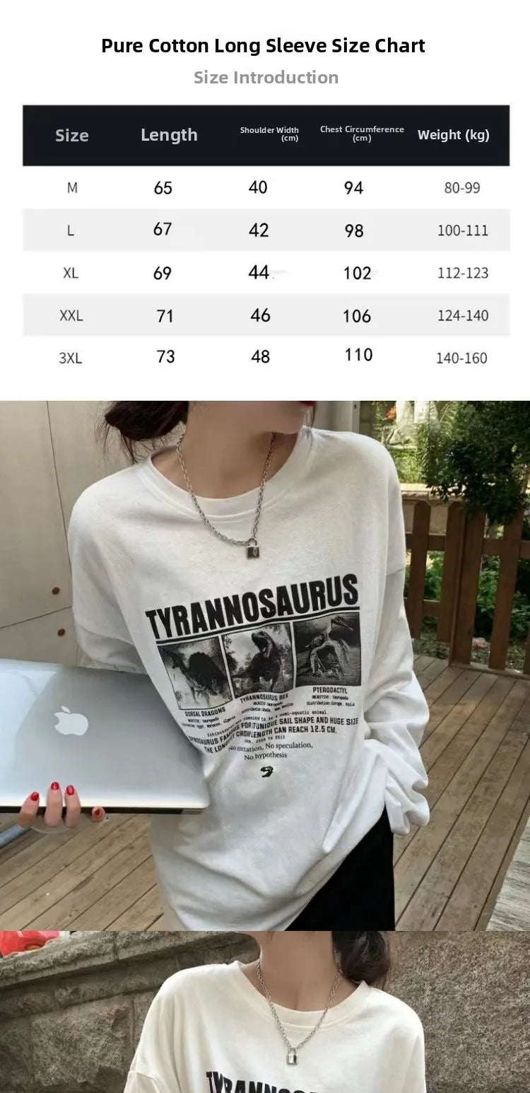 Retro Letter Print White Long Sleeve T-Shirt – Korean Style Base Layer Women’s Cotton Autumn Top