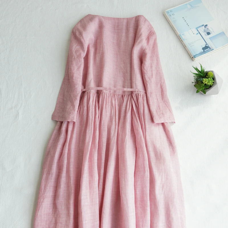 Japanese Style Women’s Long Sleeve Cotton Linen Dress | Wooden Ear Design Loose A-Line Skirt with Waist Belt