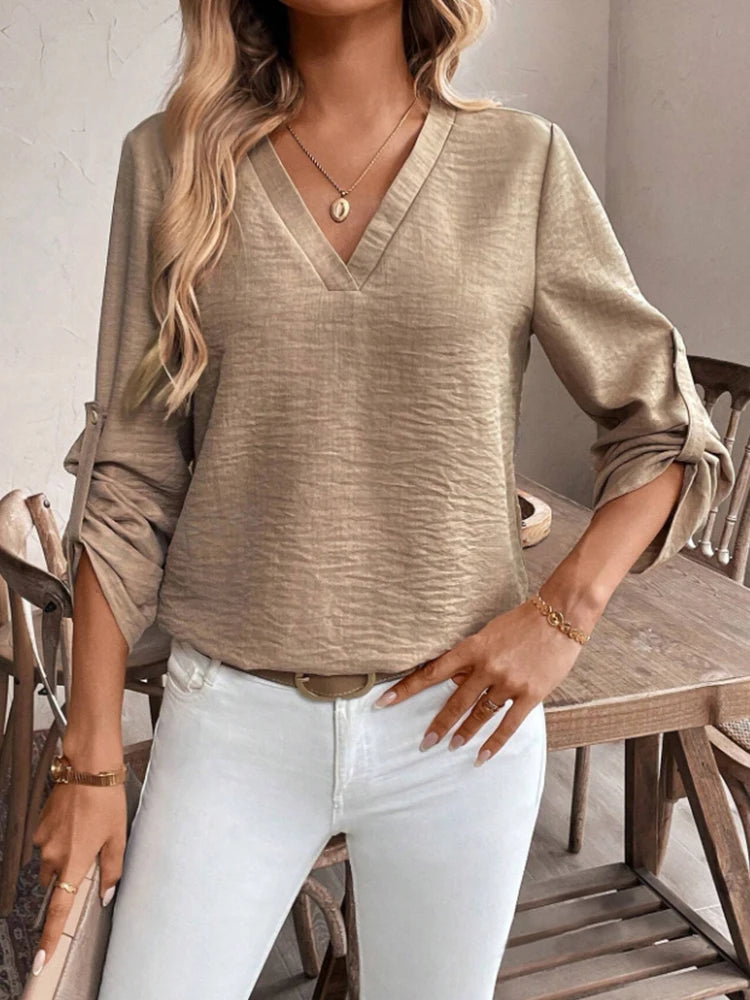 Ladies Elegant Simple V-Neck Commute Shirt – Pure Color Cuffed Sleeve Office & Casual Fashion Top ✨👔