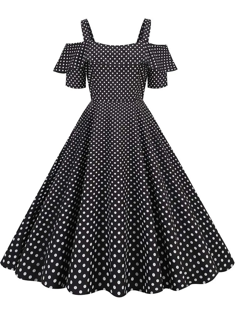 Off-Shoulder Elegant Vintage Party Dress – Women’s Summer Polka Dot Ruffles A-Line Midi Dress