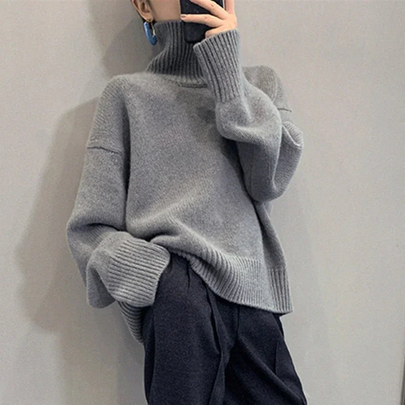 Women’s Oversize Turtleneck Sweater – Long Sleeve Knitted Pullover Autumn Winter Knitwear