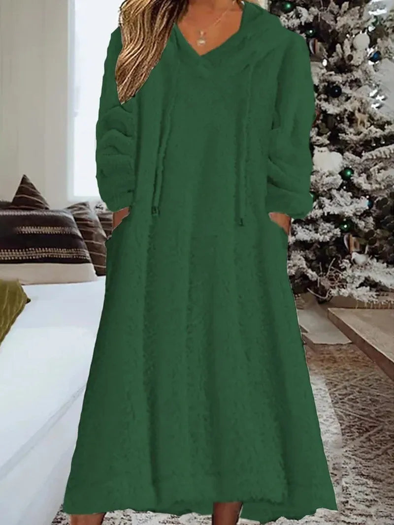 Autumn Winter Plush Hooded Maxi Dress for Women – Casual Long Sleeve Loose Warm Home Wear | Robe Femme
