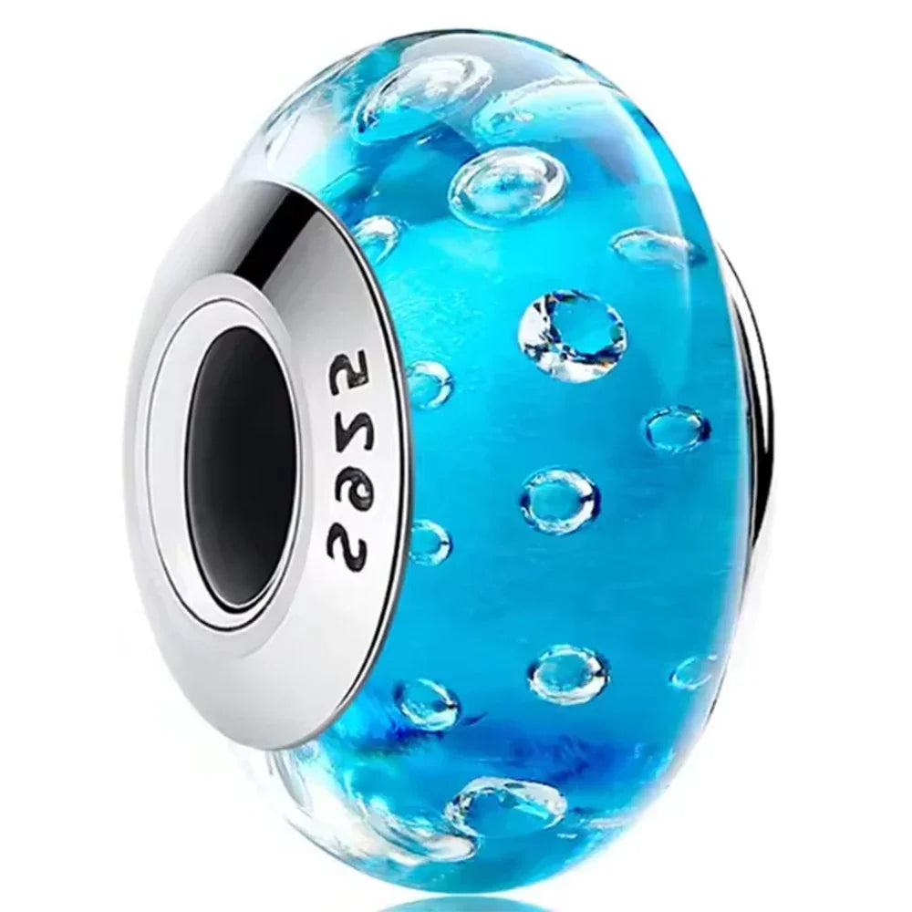 2025 Classic 925 Sterling Silver Colored Flower & Leaf Murano Glass Charm Beads | DIY Bracelet