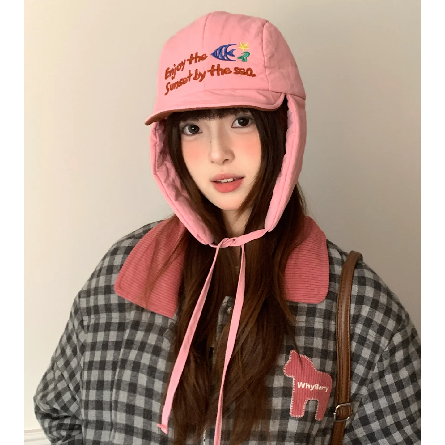 Korean Cute Alphabet Embroidery Thickened Lei Feng Hat Women's Winter Outdoor Cycling Warm Ear Hat Ski Hat