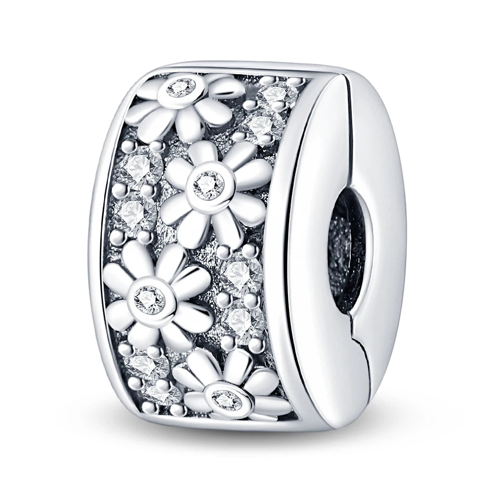 925 Sterling Silver Pave Clip Charms with Safety Chain | Colored Beads Stopper Clasp Fit Original Pandora Bracelet Jewelry