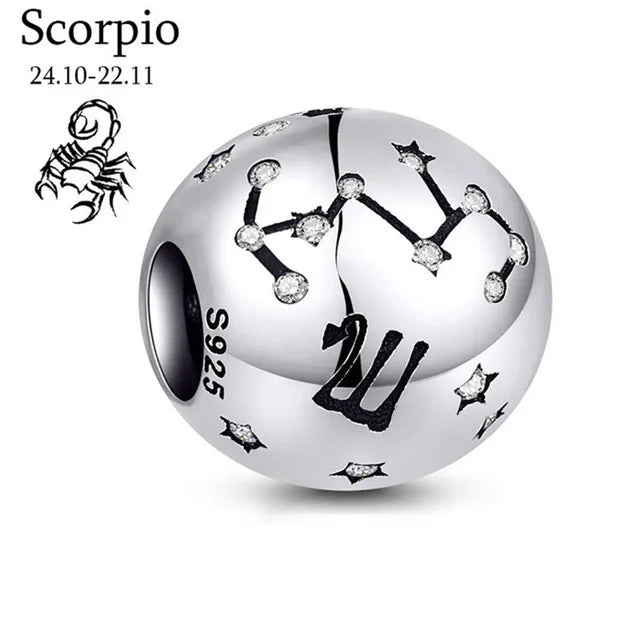 New 925 Sterling Silver Zodiac Constellation Beads | Round Pendant Charms for Women’s Bracelets & DIY Jewelry