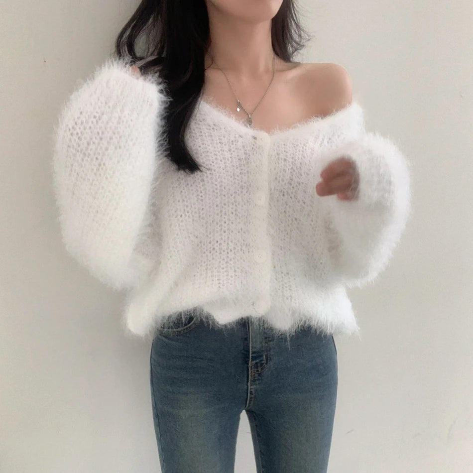 Chic V-Neck Knitted Sweater Coat for Women 🧥✨ Faux Fur Lazy Style Cardigan 💖 Autumn Winter Fashion Outerwear