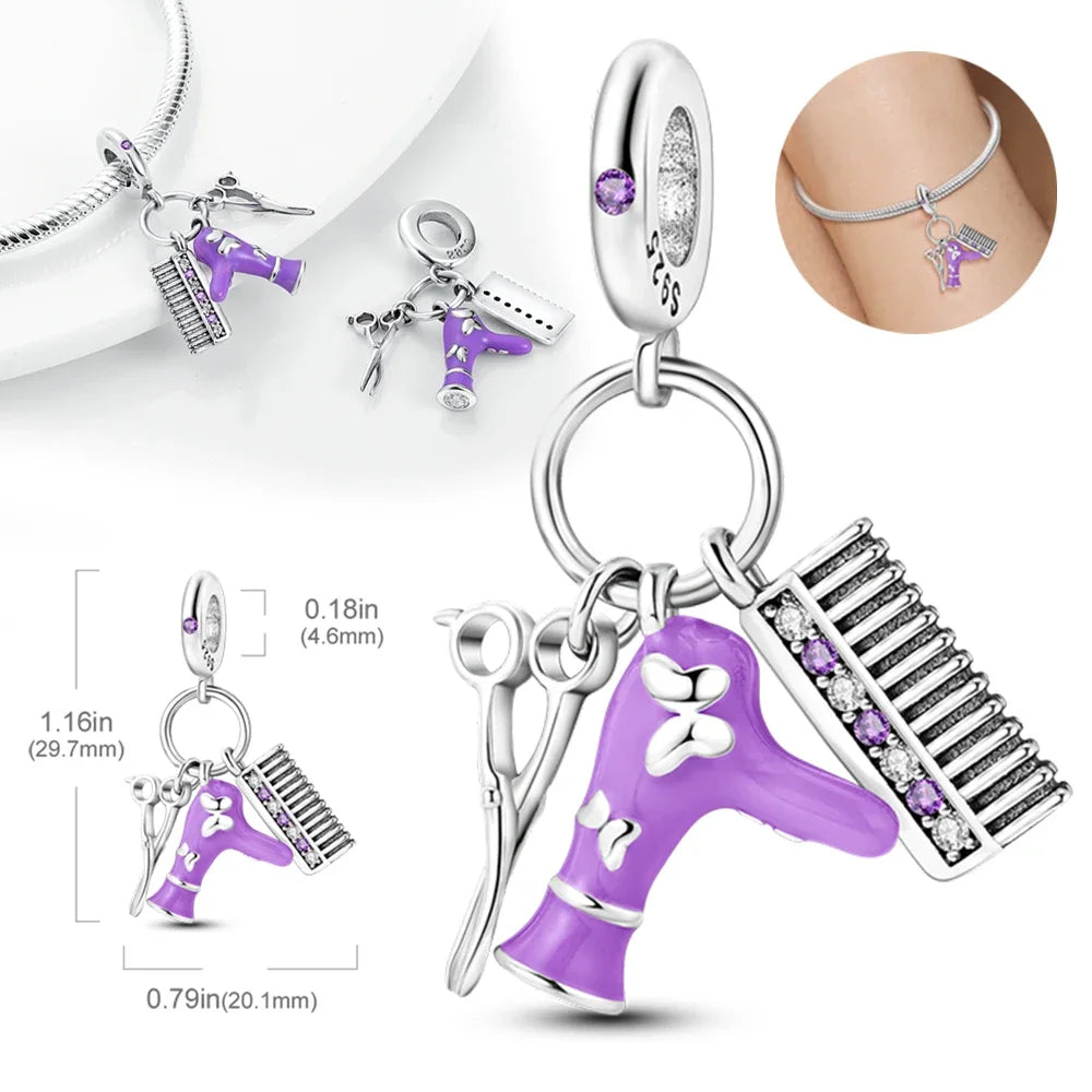 925 Sterling Silver Purple Flower & Butterfly Dangle Charm | Bead for 4MM Bracelet or Necklace DIY Jewelry Gift