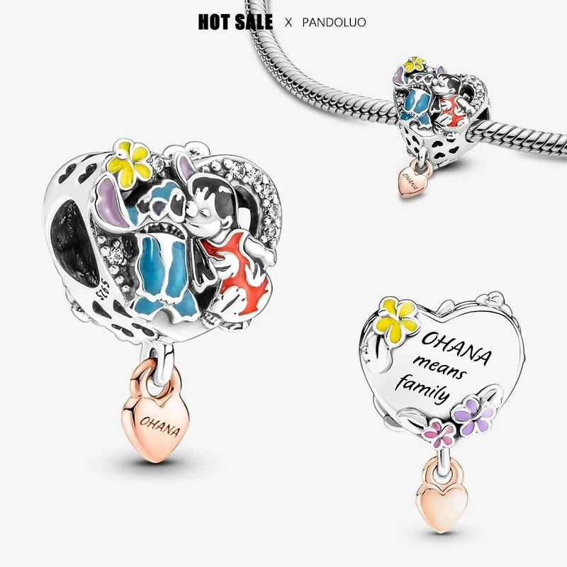 Hot Sale New Disney Cartoon Animal 925 Sterling Silver Lilo & Stitch Charm Bead Bracelet