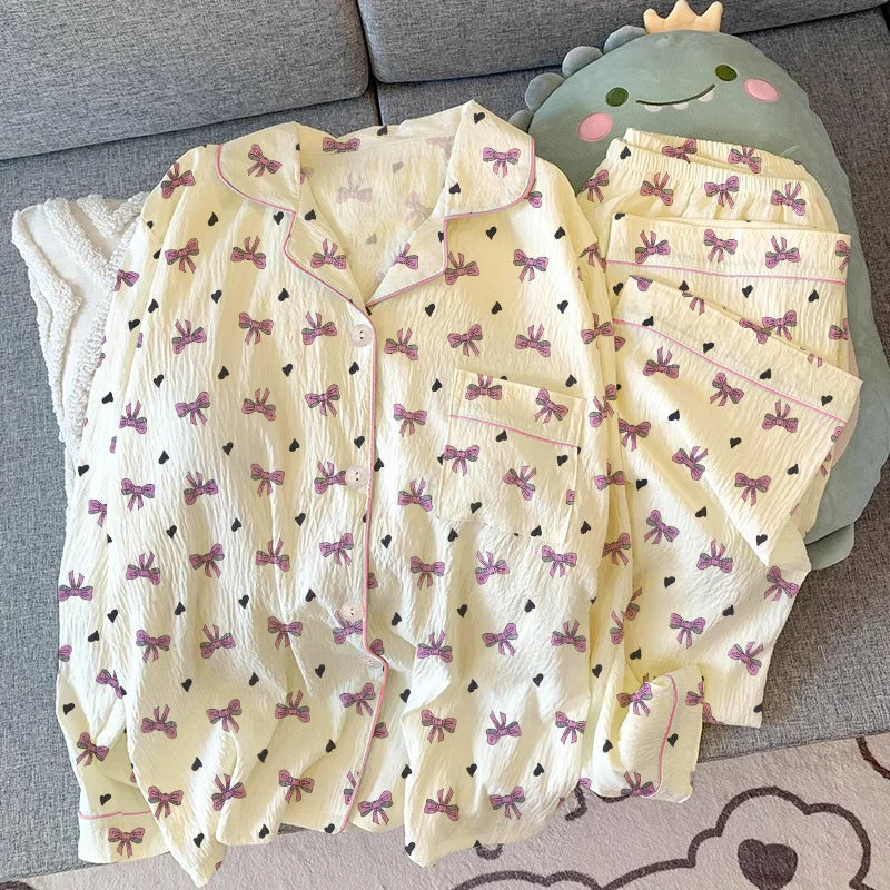 🌸 Pink Bow Pajamas Set for Women 💖 Long Sleeve Top & Elastic Waist Pants 🛌 Harajuku Style Casual Home Wear