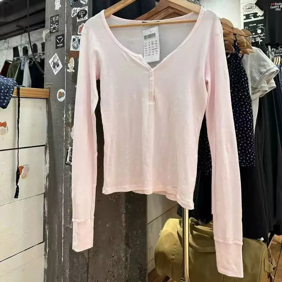 Women’s Pink Striped Slim Long Sleeve Tee | Casual Cotton O-Neck T-Shirt | Sweet Vintage Y2K Top