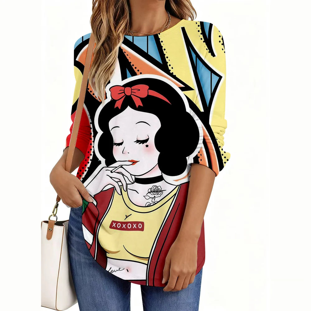 Disney Princess Print Women’s Long Sleeve Shirt – Casual Weekend Holiday Loose Elegant Top 👑✨