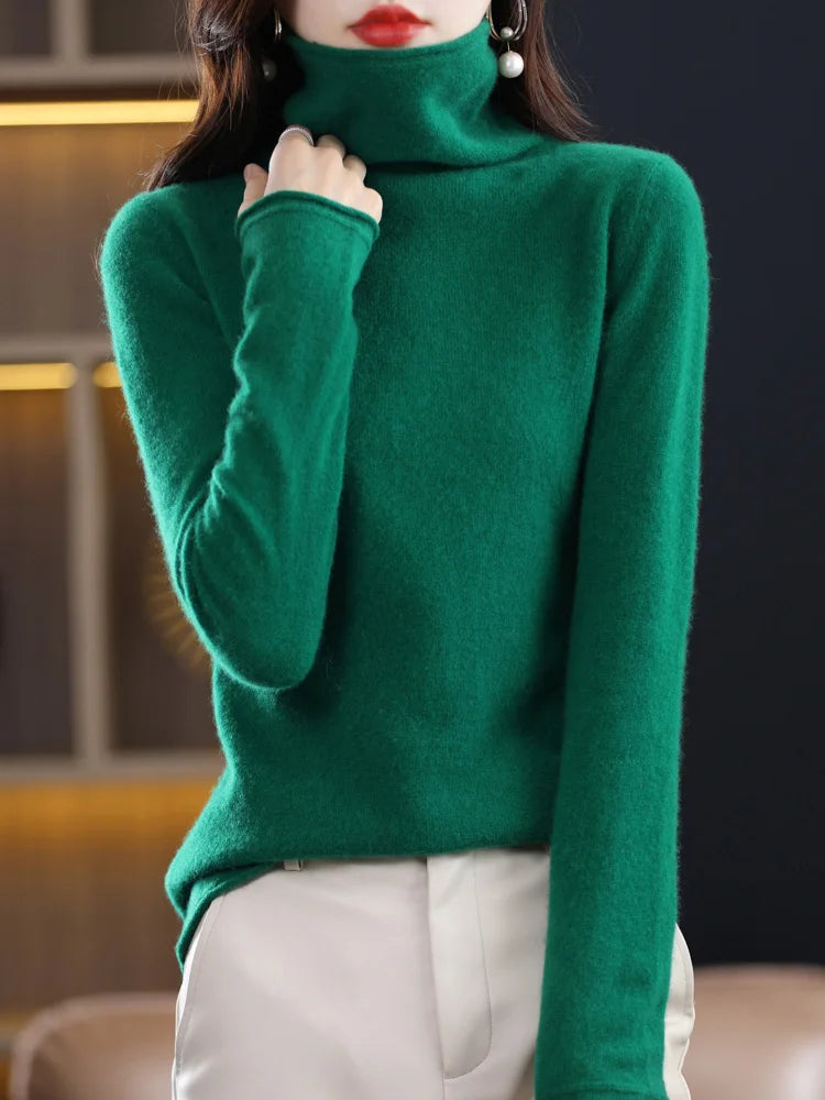 Women’s 100% Merino Wool Sweater – Autumn Winter Pile Collar Pullover Knitwear 🧶🍂