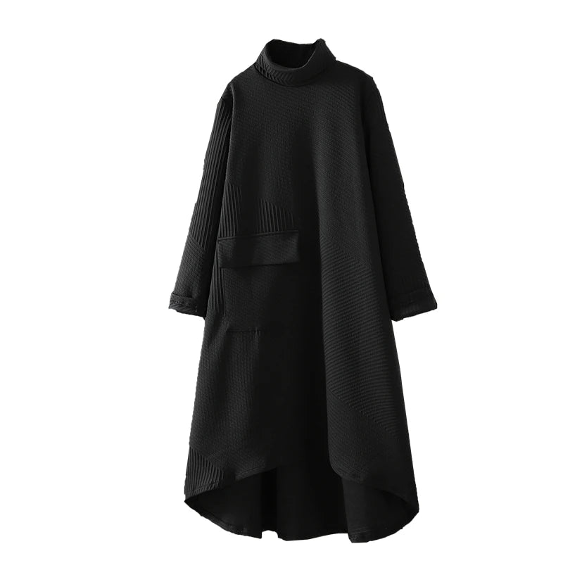 Retro Artistic High Collar Midi Dress – Autumn Winter Loose Fit Plus Size Korean Style Color-Block Commuting Dress for Women