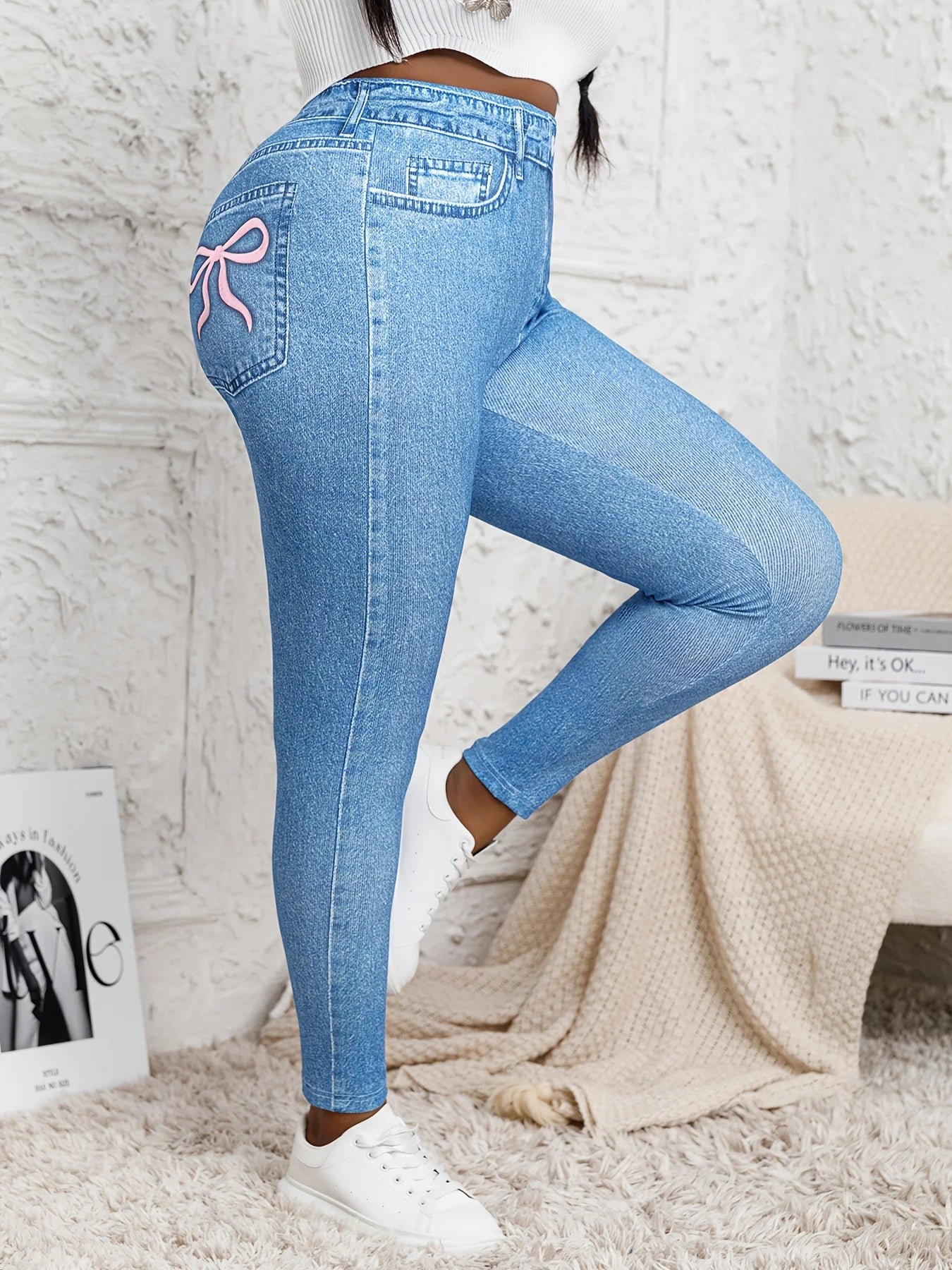 Plus Size High-Waisted Skinny Jeans – Faux Denim Printed Stretch Leggings with Distressed Effect