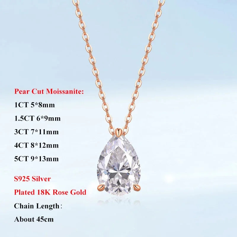EWYA Solitaire Pear Cut Moissanite Diamond Pendant Necklace 1-5CT D Color 925 Silver 18K Rose Gold Chain for Women