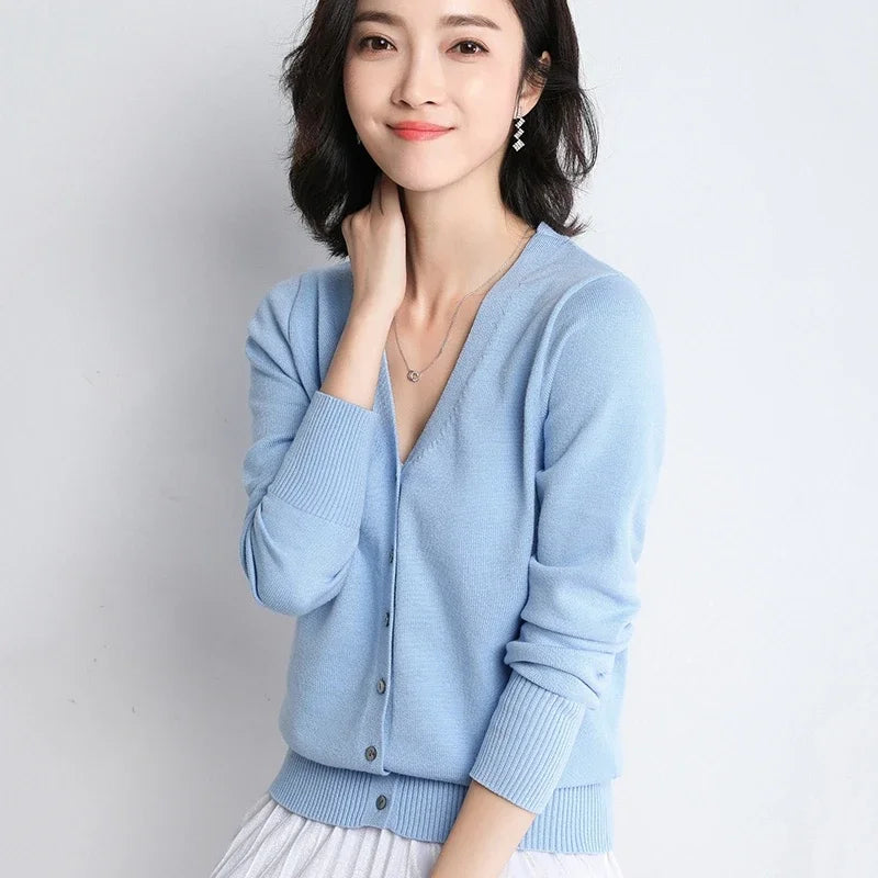 Women Cardigans V-Neck Long Sleeve Knitted Outerwear – Korean Fashion Solid Thin Spring Autumn Sweater
