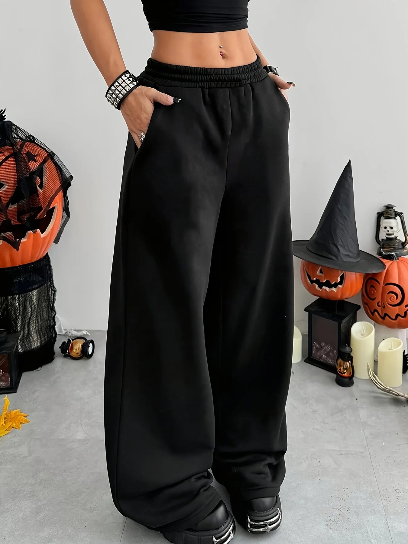 Women’s Casual Wide-Leg Joggers – Elastic Waist Pockets Stretchy Comfort Pants