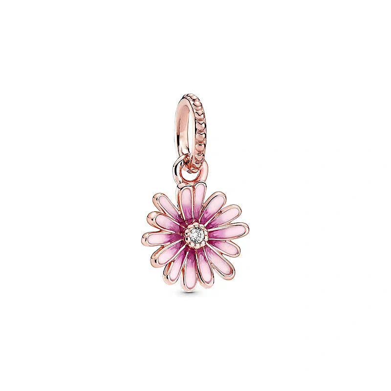 925 Sterling Silver Rose Gold Pink Daisy Charm – Zircon Bead Fit Pandora Bracelet Luxury Jewelry Gift for Women