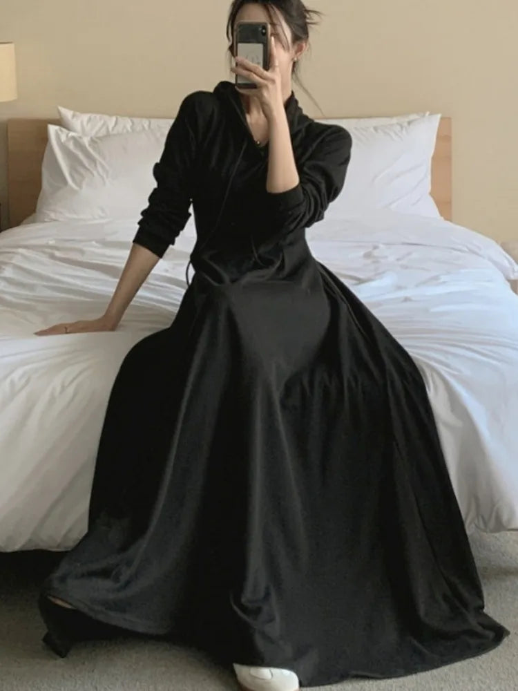 🍂 Chic Autumn Pleated Waist Slimming Long Sleeve Hooded Dress 👗 Women’s Long Dress Lazy Style Comfy Commute Wear