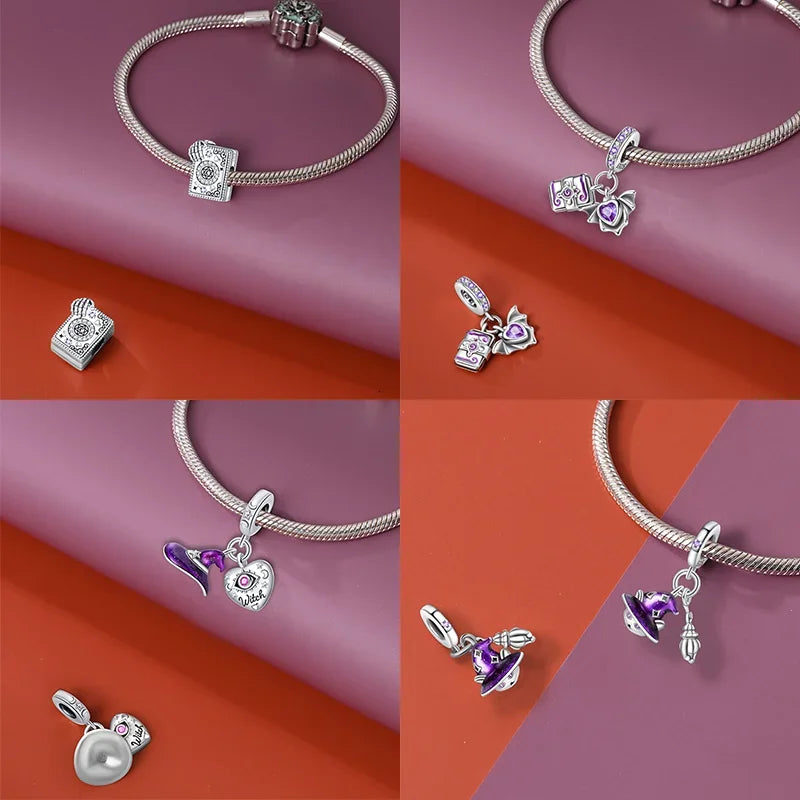 925 Sterling Silver Purple Flying Witch Hat & Magic Book Charm – Fits Original Bracelet DIY Halloween Jewelry Gift for Women