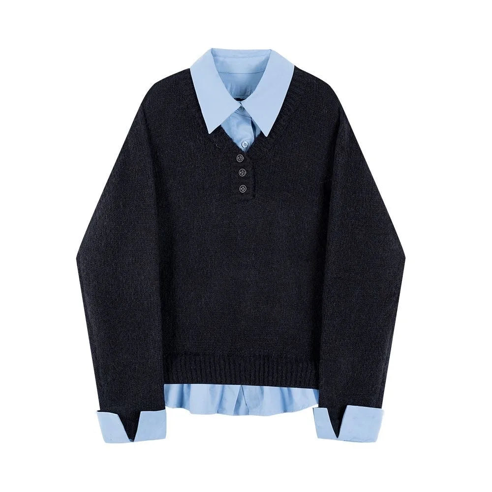 Fashionable Loose Knitted Sweater for Women | Fake Two-Piece Long Sleeve Top | Autumn Winter Warm Korean Style Pullover