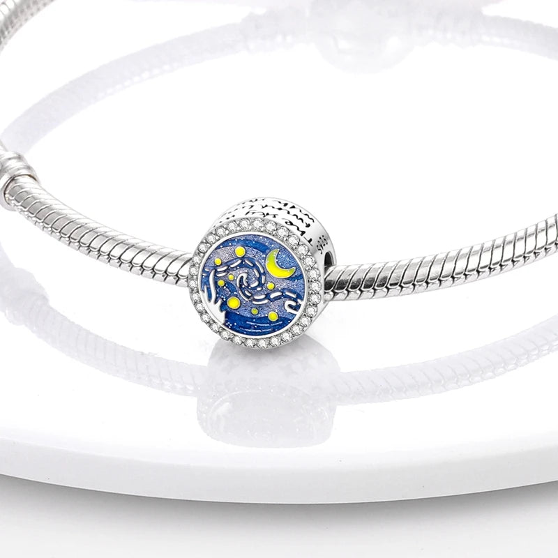 Blue 925 Sterling Silver Rotating Evil Eye Palm Moon Starry Sky Charms | Fit Original Bracelet Pendant Women Jewelry