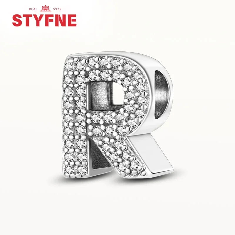 925 Sterling Silver Alphabet Letter Charm Beads with Shiny Zircon – A-Z Initial Beads for Pandora DIY Bracelet & Women’s Jewelry