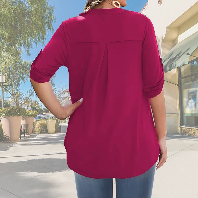 2025 Women’s Plus Size Summer Blouse – Casual V-Neck Button-Front Loose Fit Short Sleeve Top
