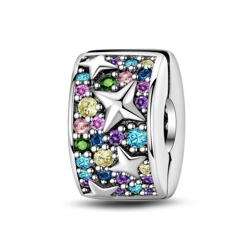 925 Sterling Silver Pave Clip Charms with Safety Chain | Colored Beads Stopper Clasp Fit Original Pandora Bracelet Jewelry