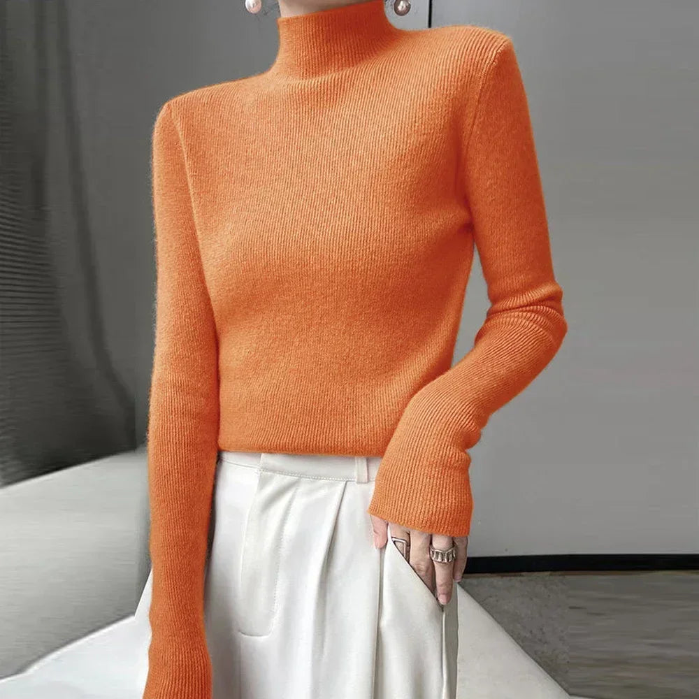 Women’s High Collar Knitted Sweater | Slim Fit Long Sleeve Top | Blue, Purple & Red Bottoming Shirt