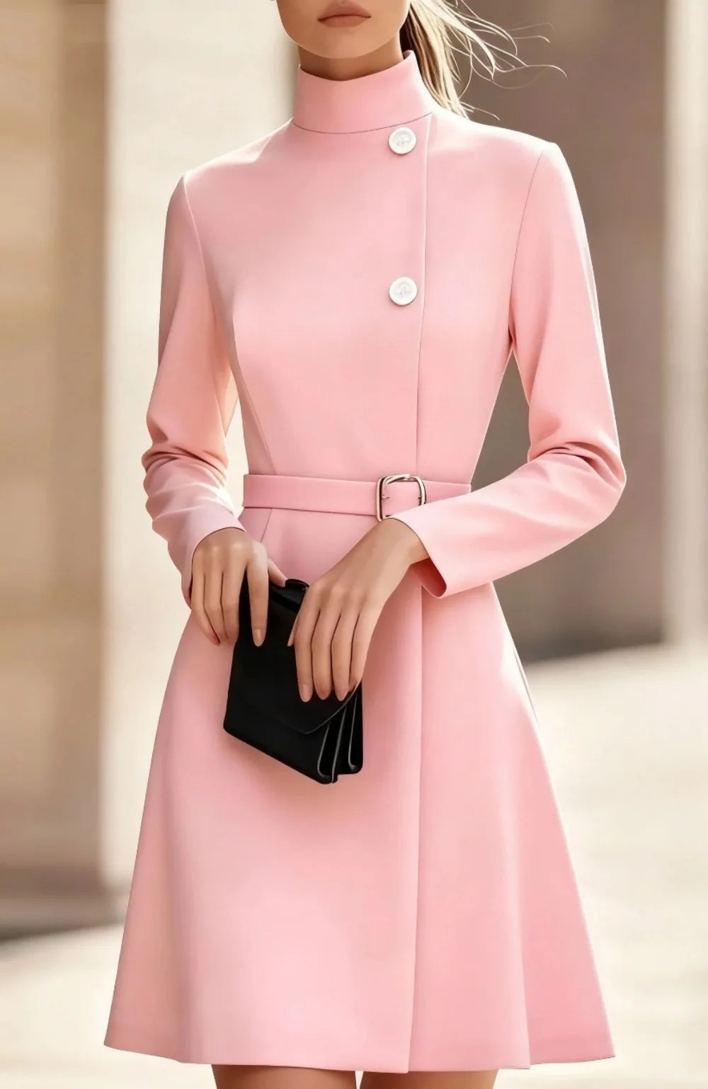 2025 Autumn Winter High Collar A-Line Mini Dress for Women – Elegant Office Commuting Long Sleeve Belted Solid Dress