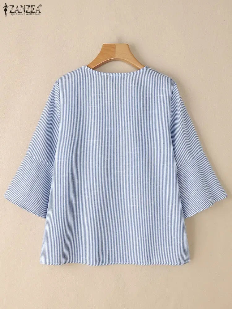 2025 ZANZEA Women’s Office Striped Blouse – Autumn V-Neck 3/4 Sleeve Casual Work Shirt 👚🍂