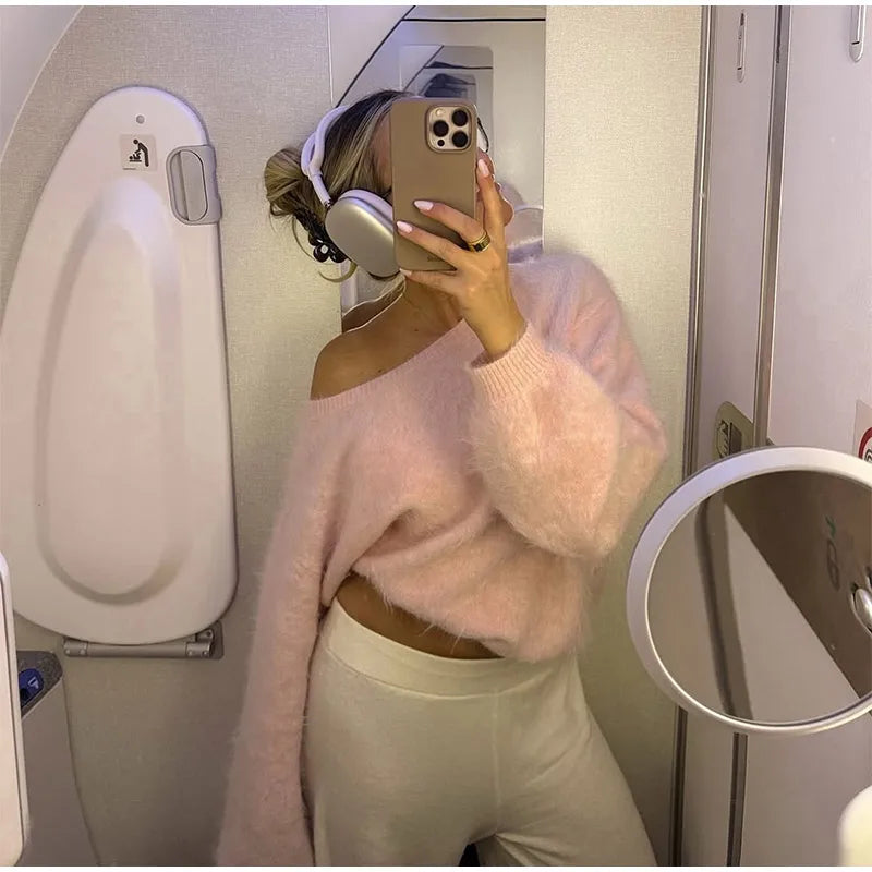 Women’s Off-Shoulder Mohair Sweater | Elegant Loose Knit Pullover for Autumn Fashion 2025