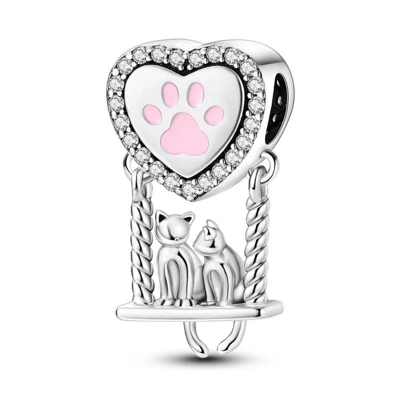 925 Sterling Silver Cute Cat Charm Beads | Paw Print Pendant for Original DIY Bracelets & Women’s Jewelry Gift
