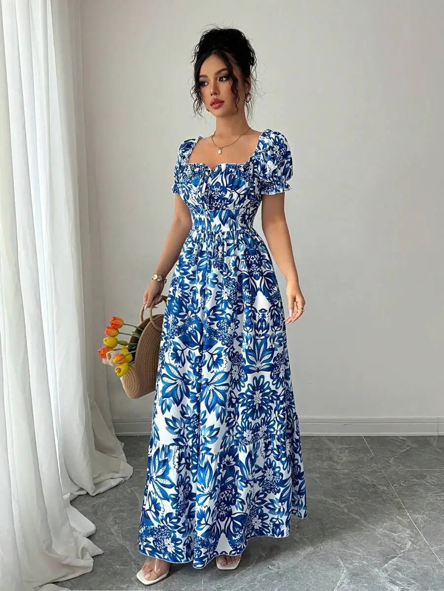 Elegant Women’s Floral Print Bubble Sleeve Dress – Blue Long Dress with Front Tie, Back Gathered Waist | Casual Vacation Dress