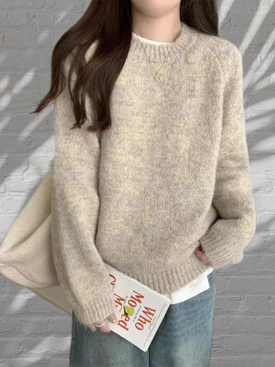 Women’s Round Neck Long Sleeve Knitted Sweater – Loose Fit Comfortable Autumn Winter Casual Inner Wear Top