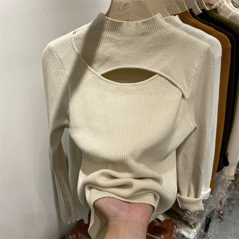Women's Slim Knit Sweater | Autumn Winter Pullover Top | Long Sleeve Elastic Knitted Shirt for Women