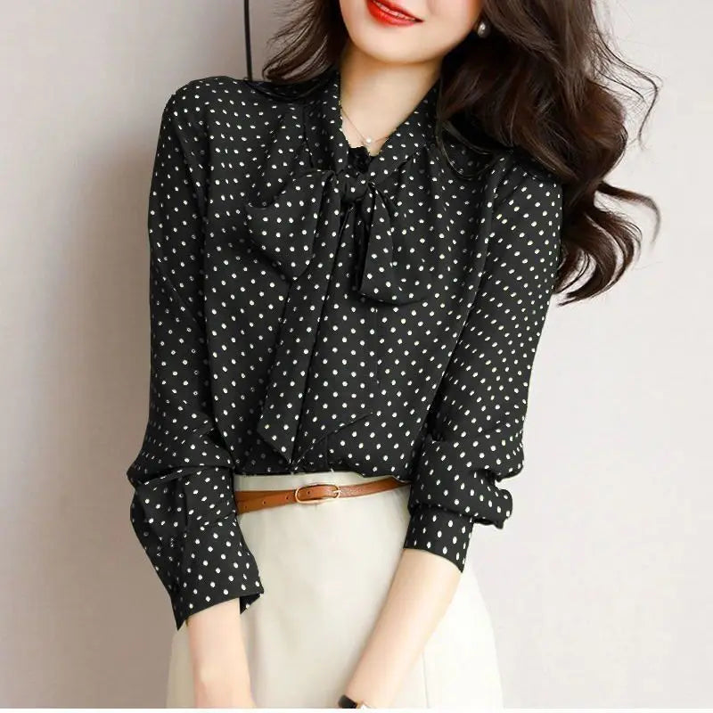Spring Autumn Women’s Shawl Collar Long Sleeve Blouse – Bow Polka Dot Print Elegant Thin Shirt 🌸✨
